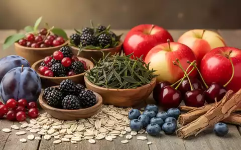 Eine Nahaufnahme einer Anordnung von gesunden Lebensmitteln, darunter Pflaumen, Beeren, Äpfel, Hafer und grüner Tee. - Foto: über boerse-global.de