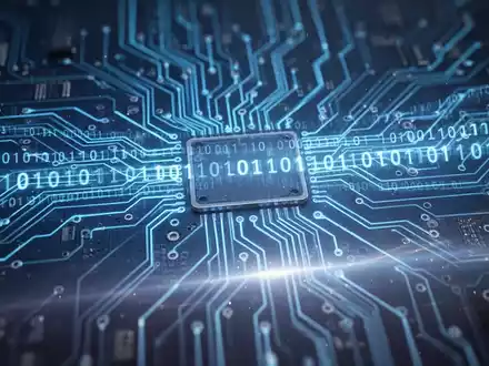A stylized, glowing blue circuit board with binary code, symbolizing digital updates and system performance enhancements for Windows 11. - Foto: über boerse-global.de