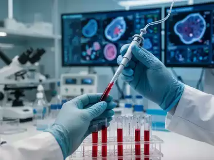 Nahaufnahme der Hände eines Wissenschaftlers, der in einem Labor eine Blutprobe in ein Reagenzglas pipettiert, mit verschwommenem Hintergrund. - Foto: über boerse-global.de