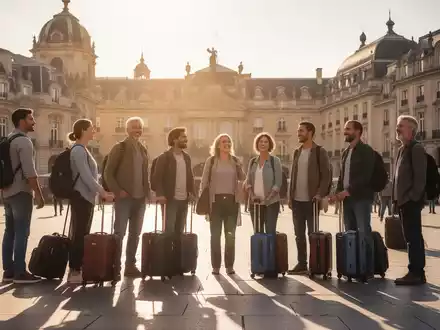 Eine Gruppe von Menschen, einige mit Gepäck, steht auf einem sonnigen Platz vor historischer europäischer Architektur. - Foto: über boerse-global.de