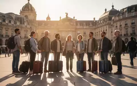 Eine Gruppe von Menschen, einige mit Gepäck, steht auf einem sonnigen Platz vor historischer europäischer Architektur. - Foto: über boerse-global.de