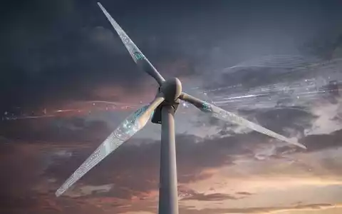 Eine Windturbine mit digitalen Mustern auf den Flügeln vor einem dramatischen Himmel, der KI und erneuerbare Energien symbolisiert. - Foto: über boerse-global.de