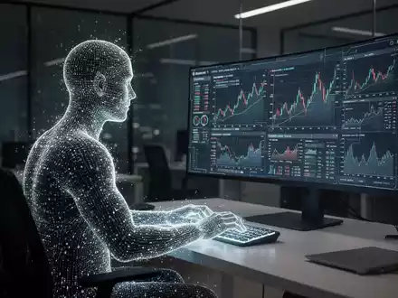 Abstrakte KI-Figur in einem leeren Büro, die Finanzdaten auf einem Bildschirm analysiert, symbolisiert den Fachkräftemangel. - Foto: über boerse-global.de