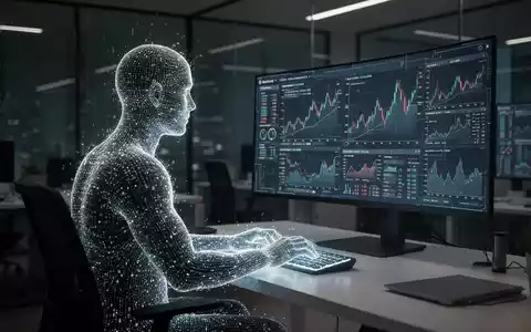 Abstrakte KI-Figur in einem leeren Büro, die Finanzdaten auf einem Bildschirm analysiert, symbolisiert den Fachkräftemangel. - Foto: über boerse-global.de