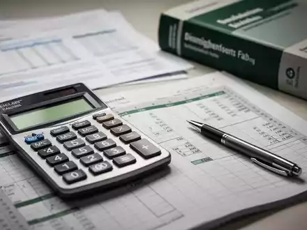 Ein Taschenrechner, ein Stift und eine offene Excel-Tabelle auf einem Schreibtisch mit unscharfen Finanzdokumenten im Hintergrund. - Foto: über boerse-global.de
