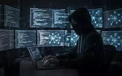A person in a hoodie typing on a laptop, surrounded by screens displaying code, representing a cyberattack or hacking. - Foto: über boerse-global.de
