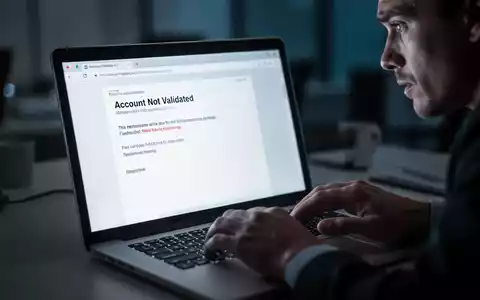 Close-up of a laptop screen showing a phishing email with an urgent 'Account Not Validated' subject line. - Foto: über boerse-global.de