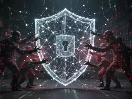 A digital shield made of interconnected data points, with red, shadowy figures attempting to breach its defenses. - Foto: über boerse-global.de