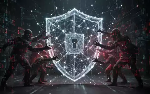 A digital shield made of interconnected data points, with red, shadowy figures attempting to breach its defenses. - Foto: über boerse-global.de