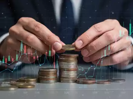 Hände zählen Münzen, überlagert von subtilen digitalen Finanzdiagrammen, die Sparmaßnahmen und Rentenbeiträge symbolisieren. - Foto: über boerse-global.de