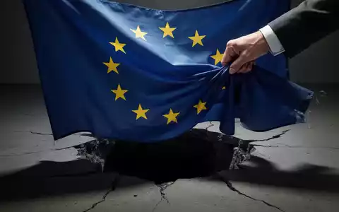 Eine stilisierte, verzerrte EU-Flagge wird von einer Unternehmenshand heruntergezogen und enthüllt eine dunkle Leere. - Foto: über boerse-global.de