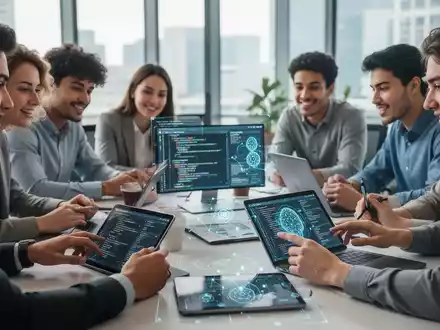 Junge Fachkräfte in einem modernen Büro, die an Laptops mit Code und KI-Schnittstellen arbeiten, symbolisieren Recruiting-Anforderungen. - Foto: über boerse-global.de