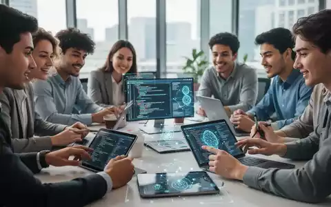 Junge Fachkräfte in einem modernen Büro, die an Laptops mit Code und KI-Schnittstellen arbeiten, symbolisieren Recruiting-Anforderungen. - Foto: über boerse-global.de