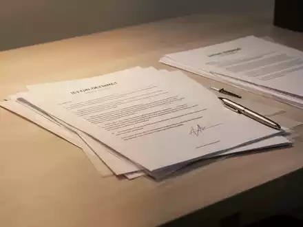Eine minimalistische Anordnung von juristischen Dokumenten und einem Stift auf einem hellen Holzschreibtisch, beleuchtet von warmem Licht. - Foto: ĂŒber boerse-global.de