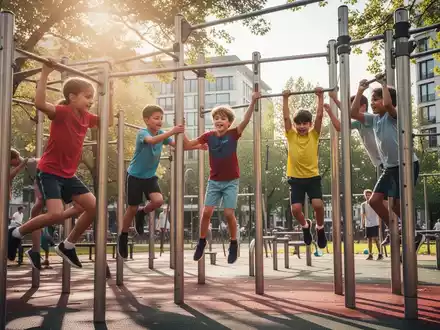 Kinder trainieren Calisthenics an Reckstangen in einem Frankfurter Park, angeleitet von einem Trainer. Fokus auf Fitness und Gemeinschaft. - Foto: über boerse-global.de