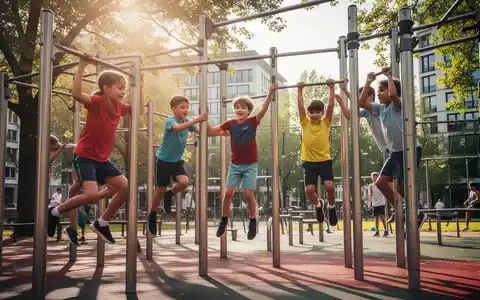 Kinder trainieren Calisthenics an Reckstangen in einem Frankfurter Park, angeleitet von einem Trainer. Fokus auf Fitness und Gemeinschaft. - Foto: über boerse-global.de