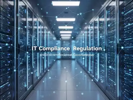 Ein modernes Rechenzentrum mit leuchtenden Server-Racks und digitalen Overlays, die IT-Compliance und Regulierung symbolisieren. - Foto: über boerse-global.de