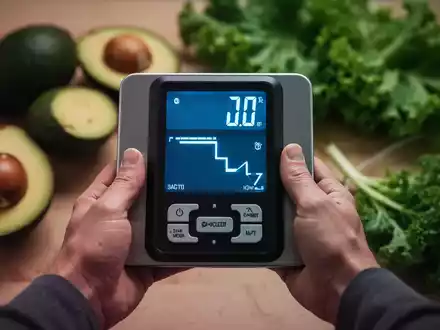 Hände halten eine digitale Waage, die ein sinkendes Gewicht anzeigt, mit unscharfem gesundem Essen im Hintergrund. - Foto: über boerse-global.de