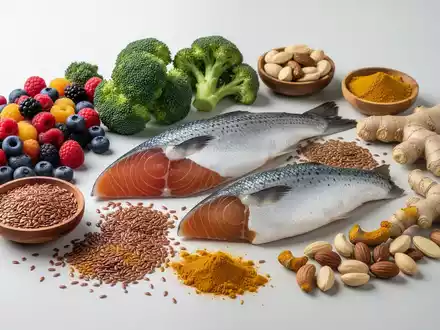 Eine Nahaufnahme einer bunten Auswahl an antientzündlichen Lebensmitteln wie Beeren, Brokkoli, Fisch, Leinsamen und Gewürzen. - Foto: über boerse-global.de