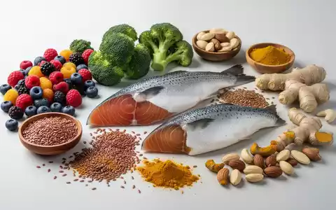 Eine Nahaufnahme einer bunten Auswahl an antientzündlichen Lebensmitteln wie Beeren, Brokkoli, Fisch, Leinsamen und Gewürzen. - Foto: über boerse-global.de