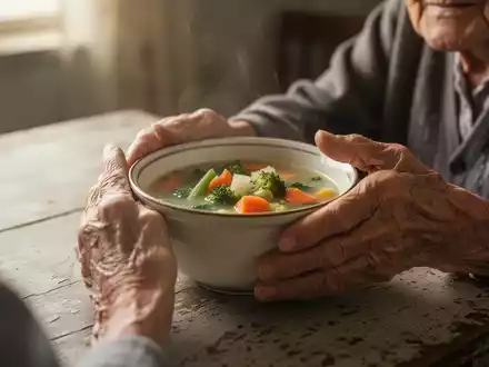 Ältere Hände halten eine Schale mit einer einfachen, gesunden Mahlzeit, auf einem bescheidenen Tisch. Weiches Licht. - Foto: über boerse-global.de