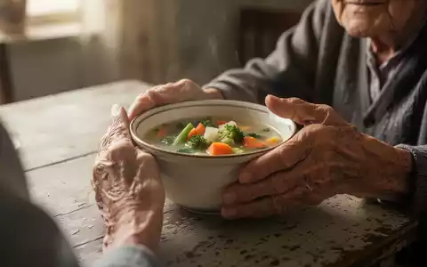 Ältere Hände halten eine Schale mit einer einfachen, gesunden Mahlzeit, auf einem bescheidenen Tisch. Weiches Licht. - Foto: über boerse-global.de