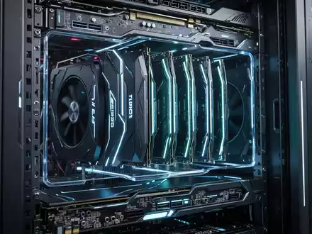A glowing, high-tech server rack filled with numerous GPU and memory modules, symbolizing hardware scarcity and demand. - Foto: über boerse-global.de