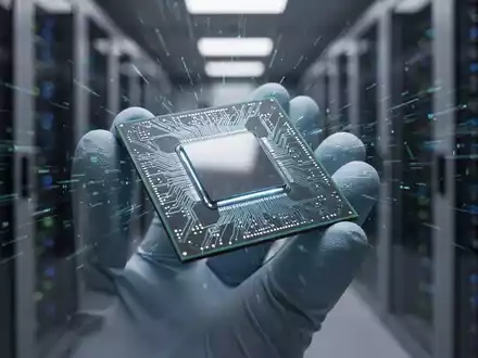 A close-up of a futuristic CPU chip with subtle glow, held by a gloved hand in a data center setting. - Foto: über boerse-global.de