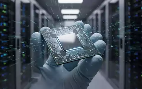 A close-up of a futuristic CPU chip with subtle glow, held by a gloved hand in a data center setting. - Foto: über boerse-global.de
