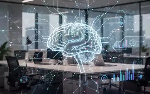 A glowing, abstract digital network overlaid on a blurred image of a modern office, symbolizing AI and data integration in the workplace. - Foto: über boerse-global.de