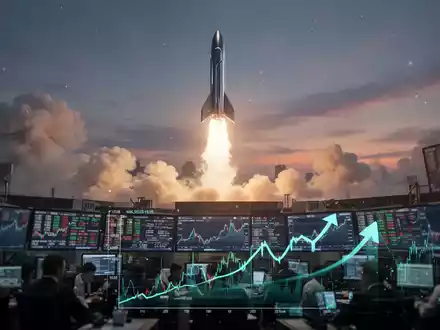 Eine futuristische Rakete startet in den Nachthimmel über einer verschwommenen Börsenhandelsfläche mit digitalen Anzeigen. - Foto: über boerse-global.de