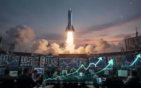 Eine futuristische Rakete startet in den Nachthimmel über einer verschwommenen Börsenhandelsfläche mit digitalen Anzeigen. - Foto: über boerse-global.de