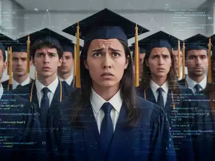 Graduates looking concerned, overlaid with digital data and code, symbolizing AI's impact on their job prospects. - Foto: über boerse-global.de
