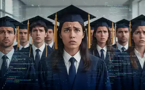 Graduates looking concerned, overlaid with digital data and code, symbolizing AI's impact on their job prospects. - Foto: über boerse-global.de