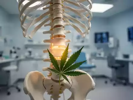 Ein detailliertes Modell der menschlichen Wirbelsäule, bei dem ein Cannabisblatt sanft im Lendenbereich liegt, in einer medizinischen Umgebung. - Foto: über boerse-global.de