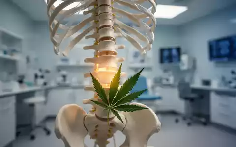 Ein detailliertes Modell der menschlichen Wirbelsäule, bei dem ein Cannabisblatt sanft im Lendenbereich liegt, in einer medizinischen Umgebung. - Foto: über boerse-global.de