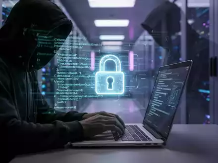 A shadowy figure in a hoodie typing on a laptop, with digital code and a glowing padlock icon on the screen, against a blurred data center background. - Foto: über boerse-global.de
