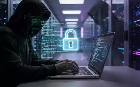 A shadowy figure in a hoodie typing on a laptop, with digital code and a glowing padlock icon on the screen, against a blurred data center background. - Foto: über boerse-global.de