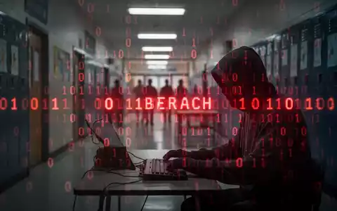 Roter Binärcode über einem unscharfen Schulflur, der eine digitale Bedrohung und einen Hackerangriff darstellt. - Foto: über boerse-global.de