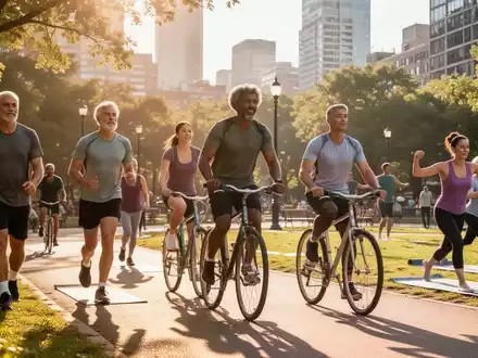 Eine Gruppe Menschen unterschiedlichen Alters, die im Freien Sport treiben, darunter Joggen, Radfahren und Yoga, in einem sonnigen Stadtpark. - Foto: über boerse-global.de