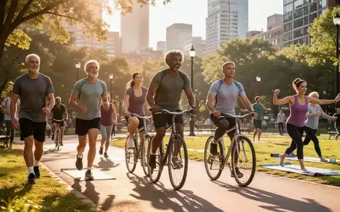 Eine Gruppe Menschen unterschiedlichen Alters, die im Freien Sport treiben, darunter Joggen, Radfahren und Yoga, in einem sonnigen Stadtpark. - Foto: über boerse-global.de