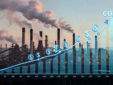 Eine Industrielle Landschaft mit Stahlwerken, die Dampf abgeben, überlagert von einem digitalen CO2-Diagramm und Währungssymbolen. - Foto: über boerse-global.de