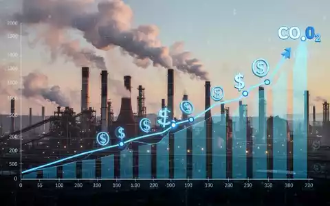 Eine Industrielle Landschaft mit Stahlwerken, die Dampf abgeben, überlagert von einem digitalen CO2-Diagramm und Währungssymbolen. - Foto: über boerse-global.de