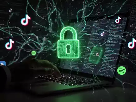 A hand typing on a laptop, with a glowing green lock icon on the screen, surrounded by abstract digital data and social media logos. - Foto: über boerse-global.de