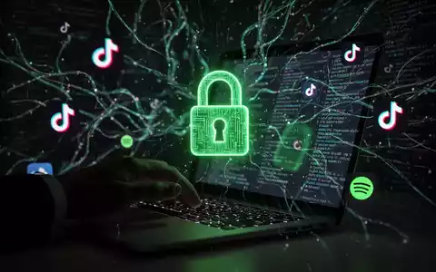 A hand typing on a laptop, with a glowing green lock icon on the screen, surrounded by abstract digital data and social media logos. - Foto: über boerse-global.de