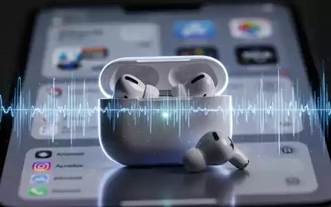 Close-up of AirPods Pro earbuds and charging case with a digital equalizer waveform graphic overlaid, suggesting audio customization. - Foto: über boerse-global.de