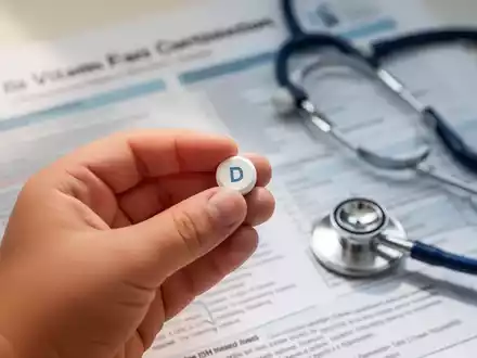 Ein Kind hält eine kleine Vitamin-D-Tablette. Im Hintergrund verschwommene medizinische Dokumente und ein Stethoskop. - Foto: über boerse-global.de