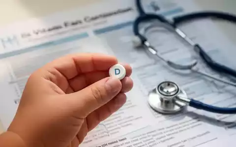 Ein Kind hält eine kleine Vitamin-D-Tablette. Im Hintergrund verschwommene medizinische Dokumente und ein Stethoskop. - Foto: über boerse-global.de