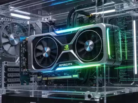 A glowing Nvidia GeForce RTX 30 series graphics card inside a computer, with digital code overlays, symbolizing AI and GPU support. - Foto: über boerse-global.de