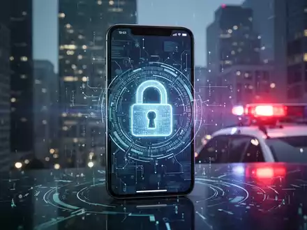 A smartphone with a digital lock icon, overlaid on a blurred cityscape with faint police lights, symbolizing device security and law enforcement. - Foto: über boerse-global.de